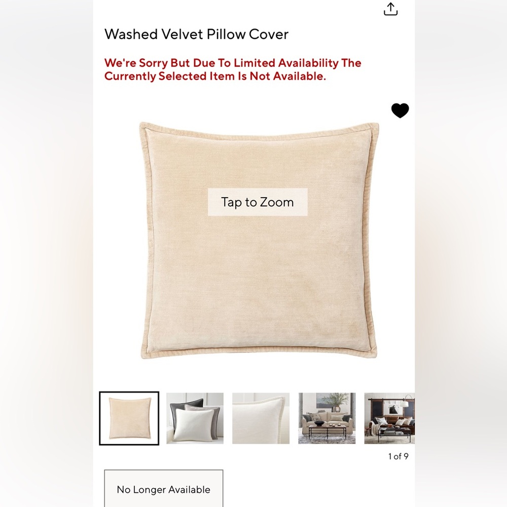 New Pottery Barn Retired Washed Velvet Pillow Cover, 24”, Lambswool, 2017